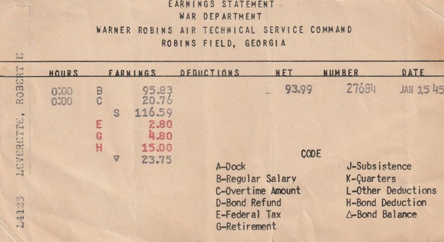 Euston Leverette's Paystub for 15 Jan 1945 